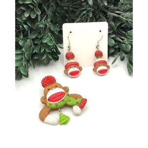 Vintage Sock Monkey Holiday Earrings & Brooch Set